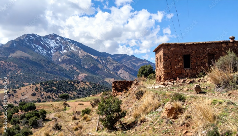 Fototapeta premium Scenic Stone House in the Rugged Atlas Mountains Landscape