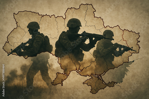 Obraz na płótnie This powerful image depicts soldiers with firearms, set against a backdrop of their nation's outline, exploring themes of conflict, security, and resilience amidst turmoil. w salonie