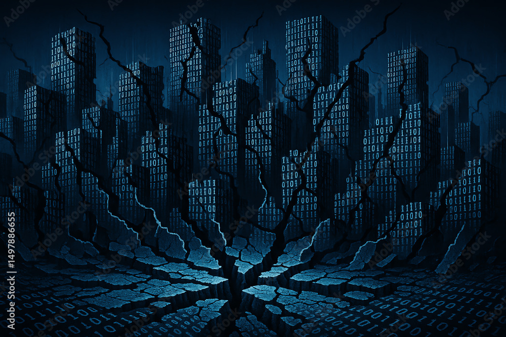 A striking digital illustration depicting a cityscape deep in cracks, symbolizing decay and resilience