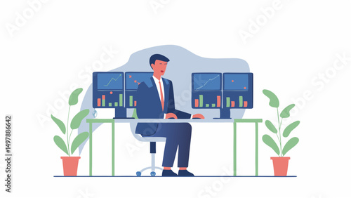 Man in suit sitting at desk with multiple monitors displaying stock market charts and potted plants around