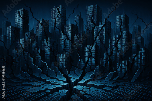 Obraz na płótnie A striking digital illustration depicting a cityscape deep in cracks, symbolizing decay and resilience w salonie