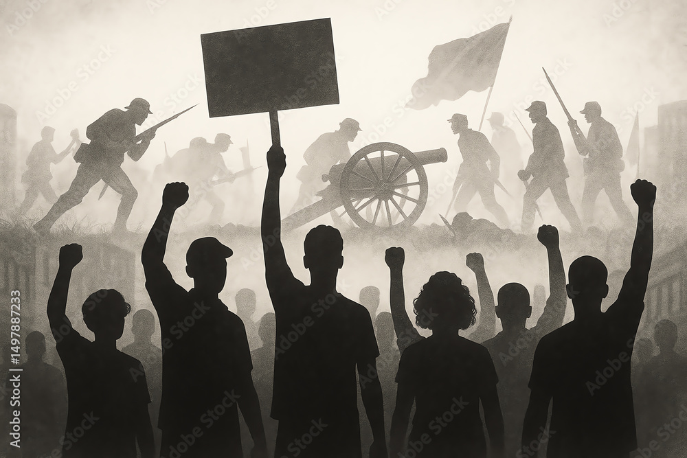 A powerful silhouette image depicting a protest scene, where individuals raise their fists and signs, representing unity and resistance in the face of social issues and injustice.