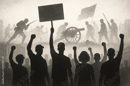 Obraz na płótnie A powerful silhouette image depicting a protest scene, where individuals raise their fists and signs, representing unity and resistance in the face of social issues and injustice. w salonie