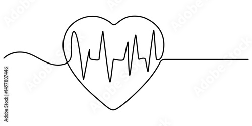 Continuous line drawing of heart with heartbeat. Pulse trace. Cardiogram icon. One line drawing. Single line art. Vector illustration, Heartbeat Continuous Line Icon.                                  