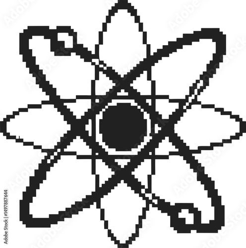 Minimalist atomic symbol in black and white, representing science and physics