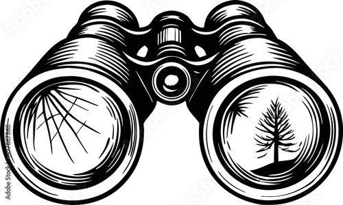 vintage binoculars with tree illustrations nature observation, adventure and exploration
