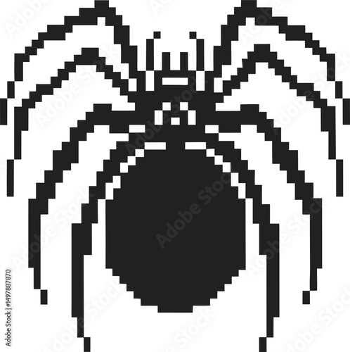 Pixelated black spider icon on a white background