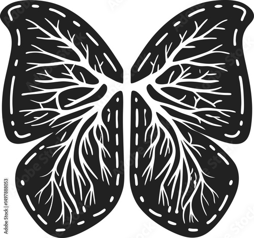 butterfly shaped lungs illustration intricate vein details, health and nature fusion, black and white