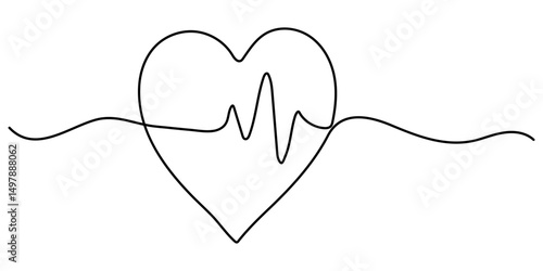 Continuous line drawing of heart with heartbeat. Pulse trace. Cardiogram icon. One line drawing. Single line art. Vector illustration, Heartbeat Continuous Line Icon.                                  