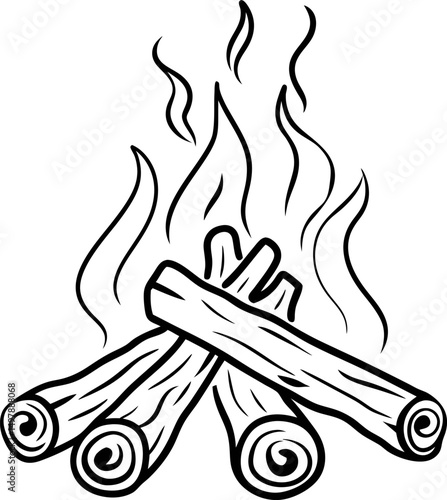 campfire illustration with burning firewood flame and wood graphic, black and white line art drawing