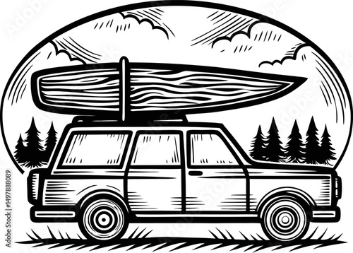vintage suv with canoe on roof in scenic forest adventure journey concept, woodcut illustration