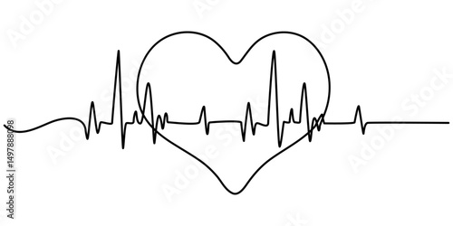 Continuous line drawing of heart with heartbeat. Pulse trace. Cardiogram icon. One line drawing. Single line art. Vector illustration, Heartbeat Continuous Line Icon.                                  