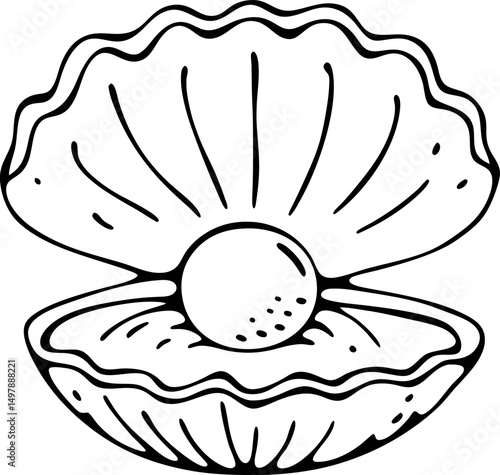 Open clam shell with pearl illustration monochrome line art of marine treasure and ocean theme