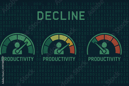 Obraz na płótnie This image illustrates a decline in productivity through three gauges displaying varying levels of performance in a digital format, emphasizing the need for improvement. w salonie