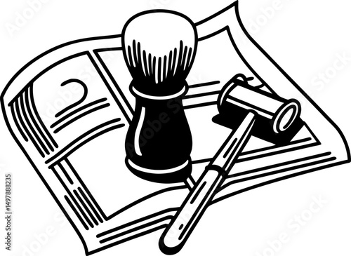 vintage shaving tools on newspaper traditional brush and razor for classic grooming aesthetic