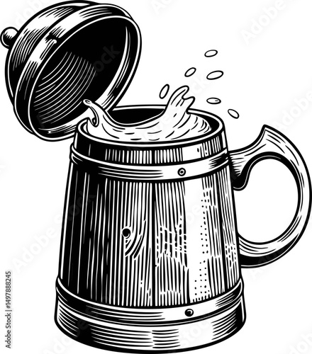 open beer mug with foam overflowing vintage wooden stein, detailed black and white illustration