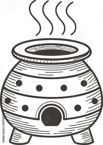 vintage ceramic incense burner with steam lines, rustic pottery decor illustration