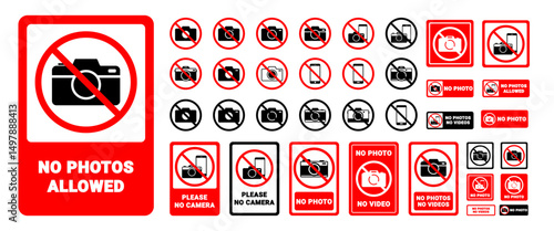 Isolated no photo and no video signs and icon seymbol set in red and black, camera and phone prohibited warning labels, flat style illustration for public or private area, Editable stock