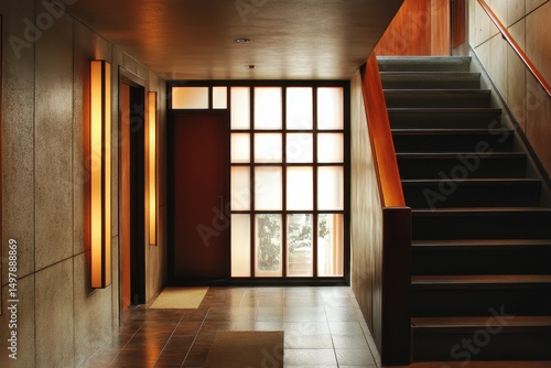 Contemporary Home Elevator Design. Stylish Lift with Modern Staircase  Elegant Corridor  and Chic Interior