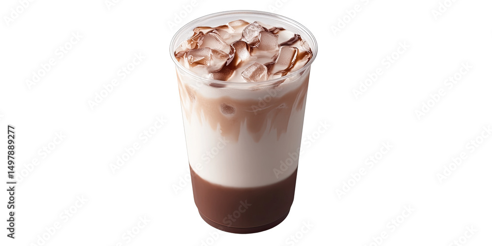 Layered cold coffee beverage with caramel, milk and ice in transparent takeaway cup isolated on white transparent background Layered cold coffee beverage with caramel, milk and ice in transparent takeaway cup isolated on white transparent background