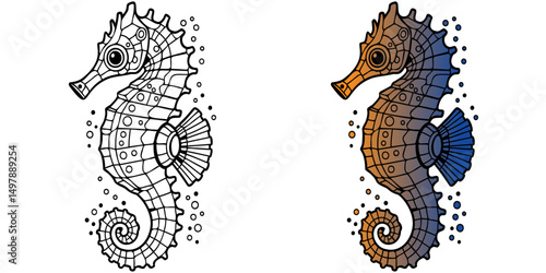 Two different colored seahorses, one being blue and the other being orange. The blue seahorse is located on the left side of the image, while the orange seahorse is on the right side