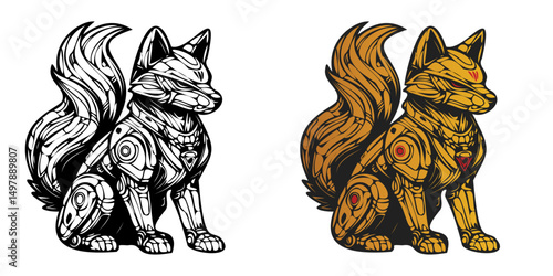 A black and white image of a robot dog with a gold color tail. The robot dog is sitting on a white background