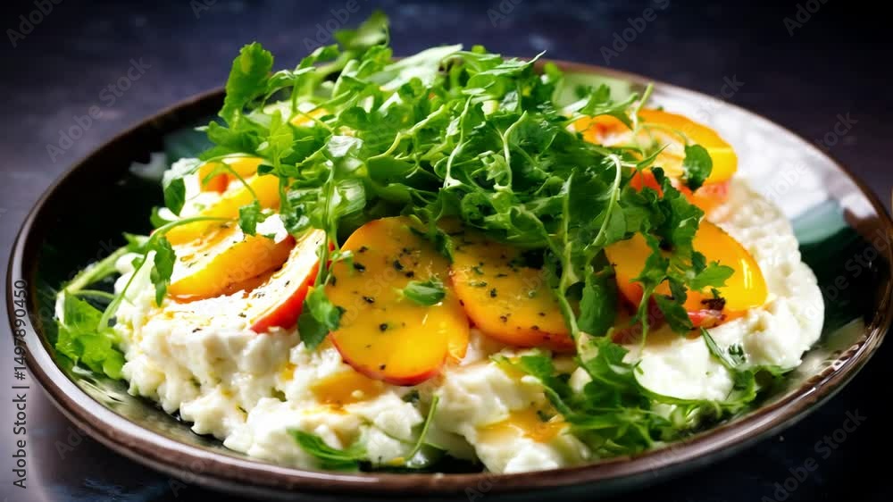 Sliced peaches are beautifully arranged on a bed of fresh ricotta cheese, topped with vibrant arugula, creating a light and flavorful summer salad Sliced peaches are beautifully arranged on a bed of fresh ricotta cheese, topped with vibrant arugula, creating a light and flavorful summer salad