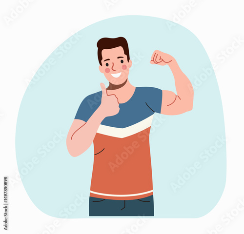 Young slender happy man in a sports shirt with thumbs up shows his biceps. Positive gesture, approval gesturing. Flat style cartoon vector illustration.