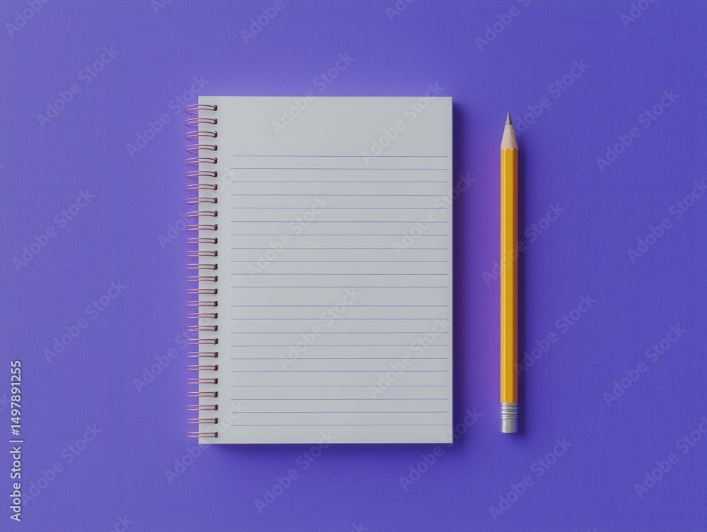 White Spiral Notebook and Yellow Pencil on Purple Background White Spiral Notebook and Yellow Pencil on Purple Background