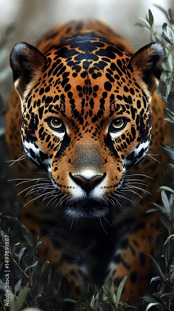 Obraz premium A majestic jaguar, eyes piercing, emerges from dark foliage, its spotted coat vividly detailed, a powerful and intense gaze