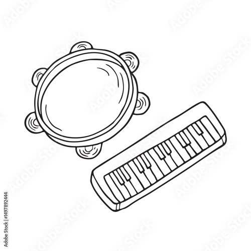 A tambourine placed near a keyboard in a studio room