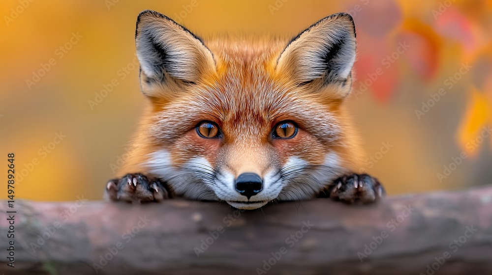 Obraz premium Red Fox Portrait with Paws on Branch
