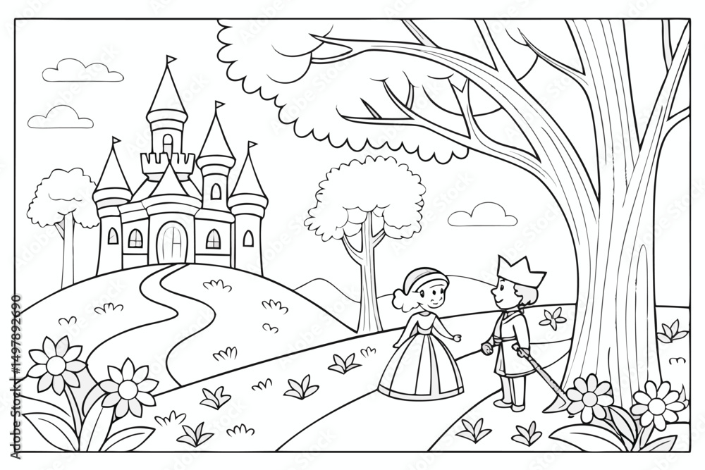 Obraz premium Prince and Princess Walking Towards Fairytale Castle