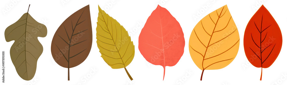Fototapeta premium PNG Illustration of six colorful autumn leaves transparent background.