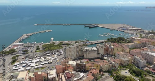 Aerial view of the port of the city of Formia, in the province of Latina, Lazio, Italy. This harbour overlooks the Mediterranean Sea. 