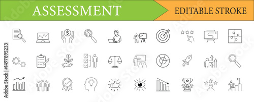 Assessment & Evaluation Editable Stroke Line Icon Set Vector Analysis Graphics