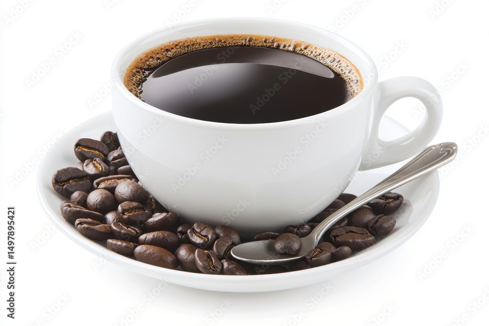 Fototapeta premium Black Coffee Cup with Roasted Beans and Silver Spoon on Saucer