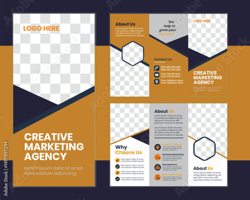 Constraction bifold brochure. Creative bi-fold pages brochure design. Corporate brochure template with modern, minimal and abstract design in A4 format.  