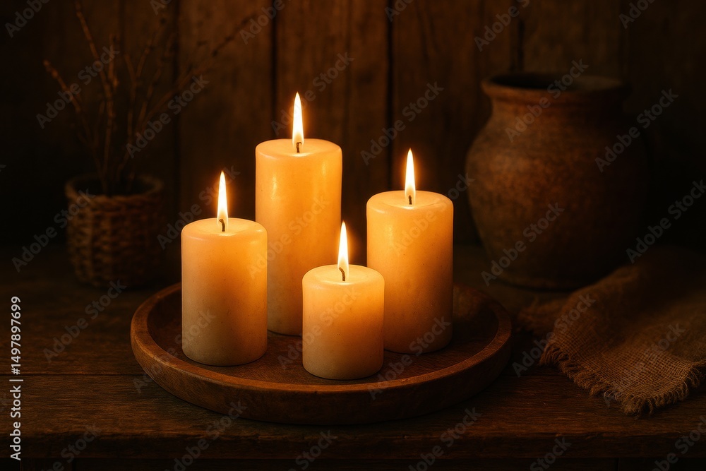 Serene Candle Arrangement on Rustic Wooden Table with Warm Glow Serene Candle Arrangement on Rustic Wooden Table with Warm Glow