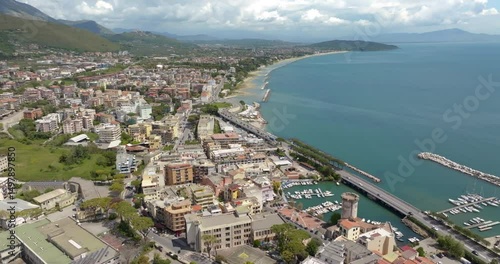 Aerial view of the seafront of the city of Formia, in the province of Latina, Lazio, Italy. This town overlooks the Mediterranean Sea. In the background is the panorama of the Lazio coast.