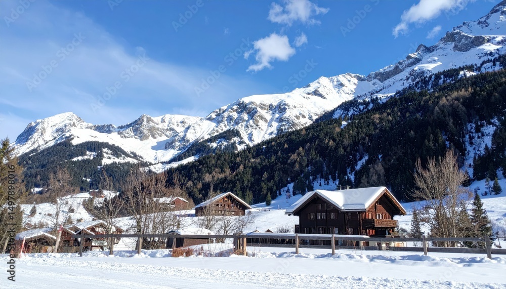 Cozy Swiss Wooden Chalet in Snowy Mountain Landscape Cozy Swiss Wooden Chalet in Snowy Mountain Landscape