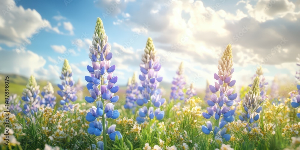 Naklejka premium Lush blooming lupines under a bright sky provide a stunning natural backdrop in the early afternoon
