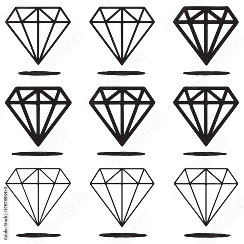 Diamonds set silhouette, Diamond icon set. Different shapes of diamond cuts. Dimond icon set in flat style. Abstract black diamond collection icons. Gemstone icon set. Diamonds logo design.