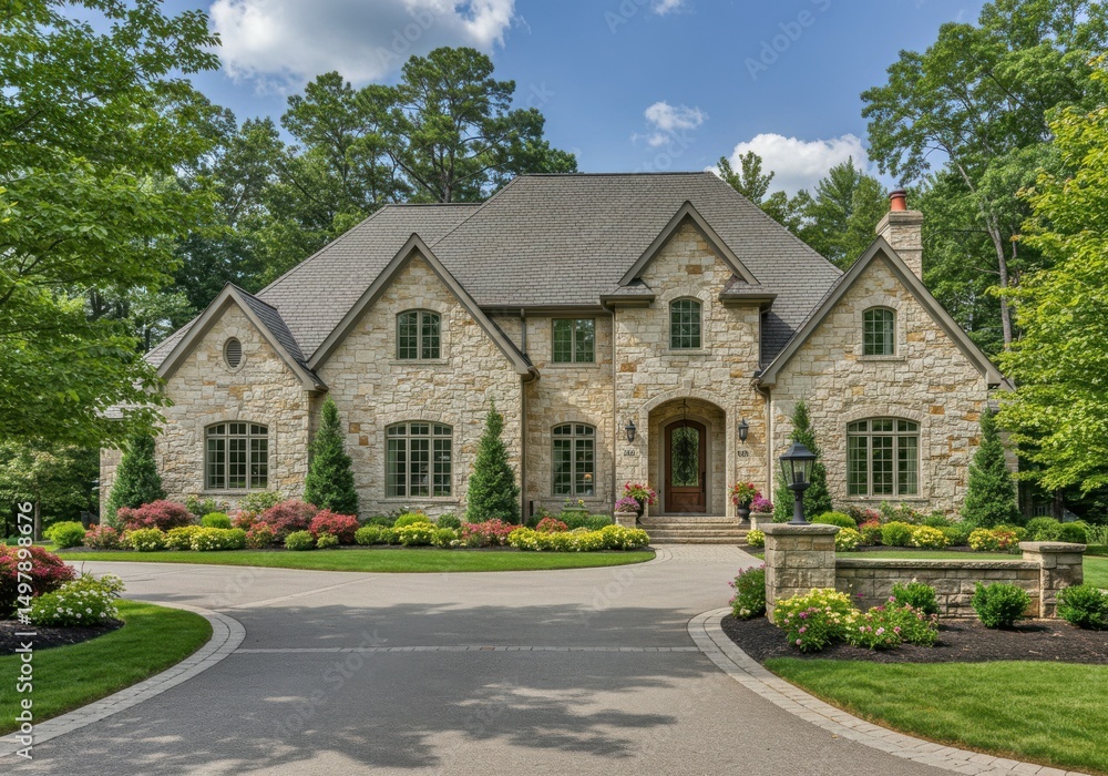 Elegant stone mansion with landscaped driveway and lush greenery Elegant stone mansion with landscaped driveway and lush greenery