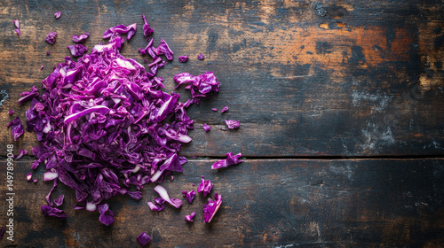 Whole and shredded cabbage arranged on a rustic wooden table