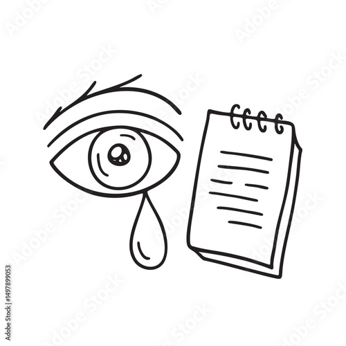A tear dripping from a blinking eye beside a note