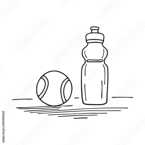 A tennis ball beside a water bottle on the court