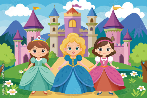 Three Princesses Walking Near a Fairytale Castle