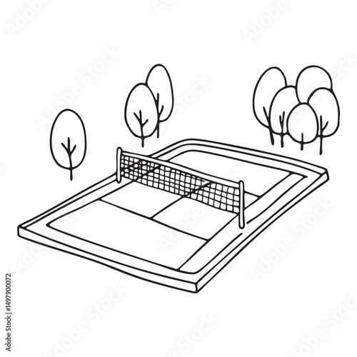 A tennis court with net beside a tree park