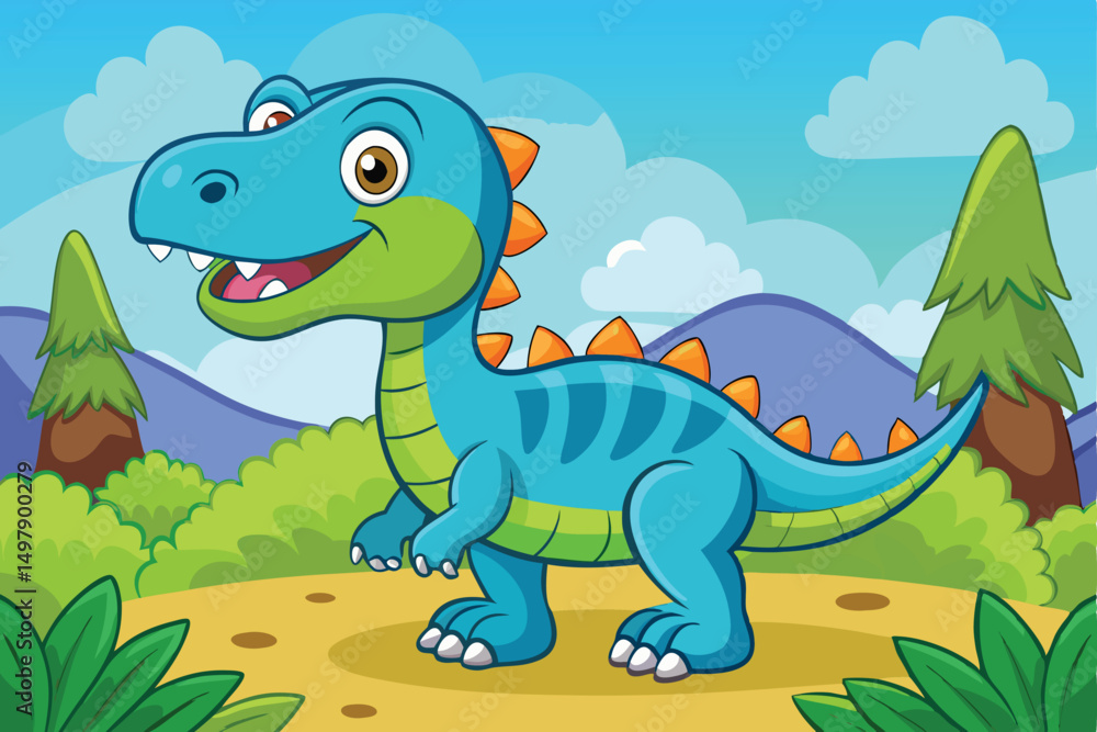 Naklejka premium Cute Cartoon Dinosaur in Prehistoric Landscape Illustration